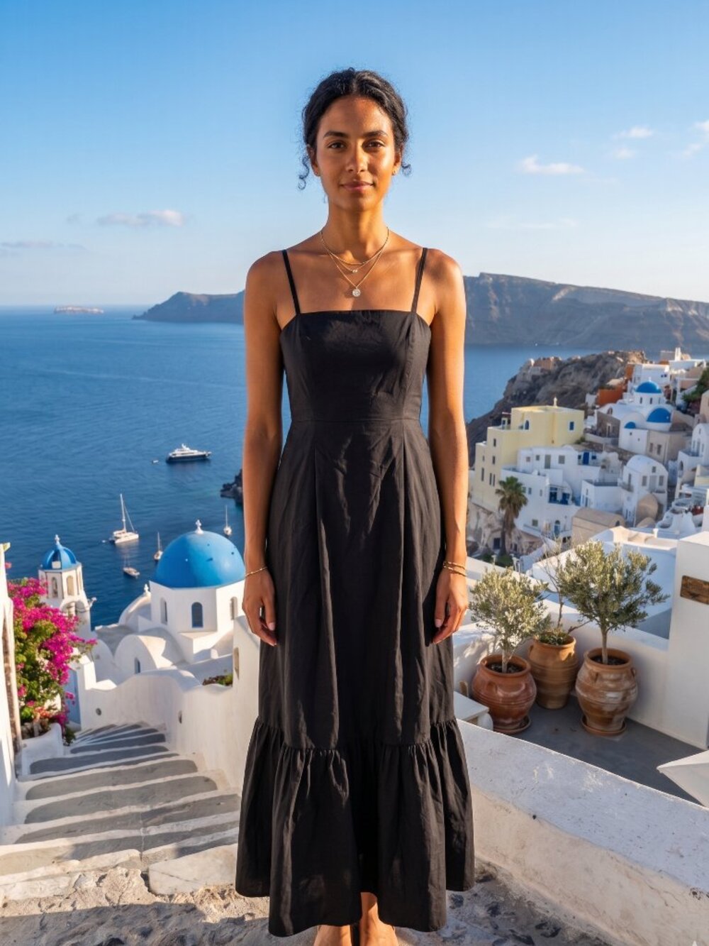100% Cotton - Back Tie Black Maxi Dress